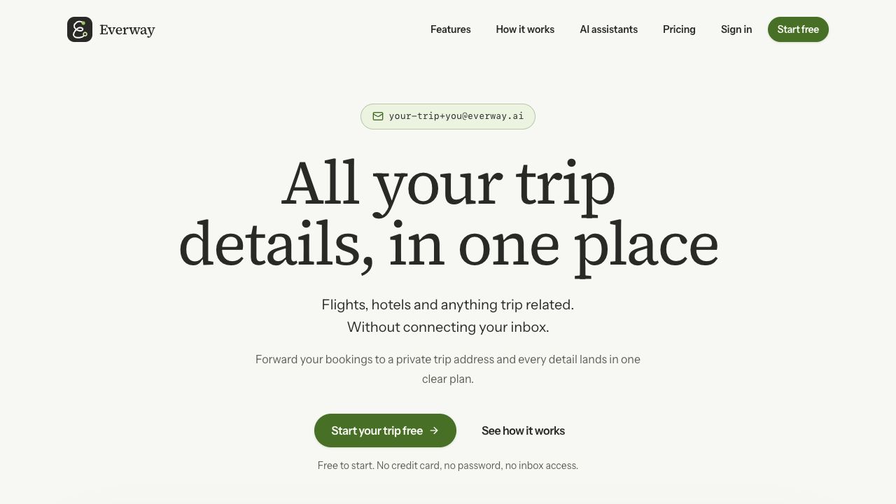 Everway homepage introducing its email-based travel organiser