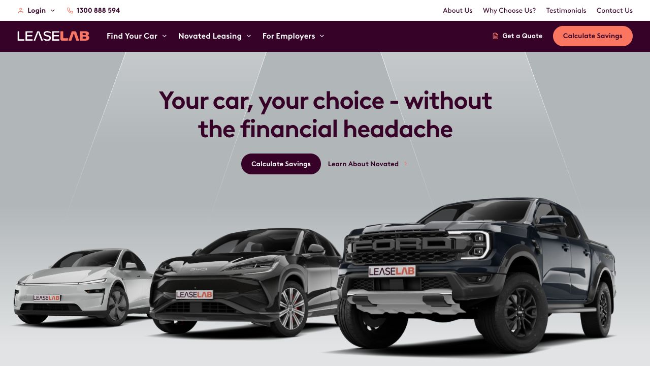 Leaselab marketing homepage with a line-up of vehicles and its novated leasing introduction
