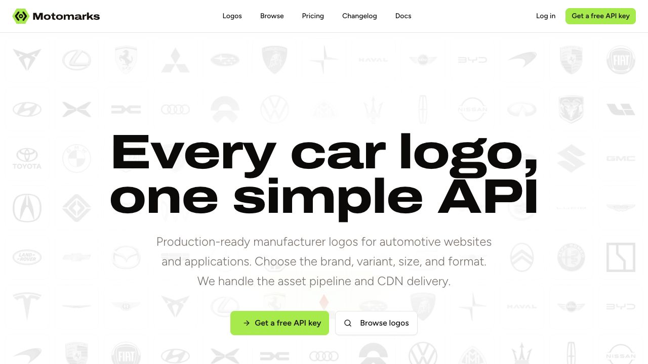 Motomarks homepage displaying automotive logos and its logo API introduction