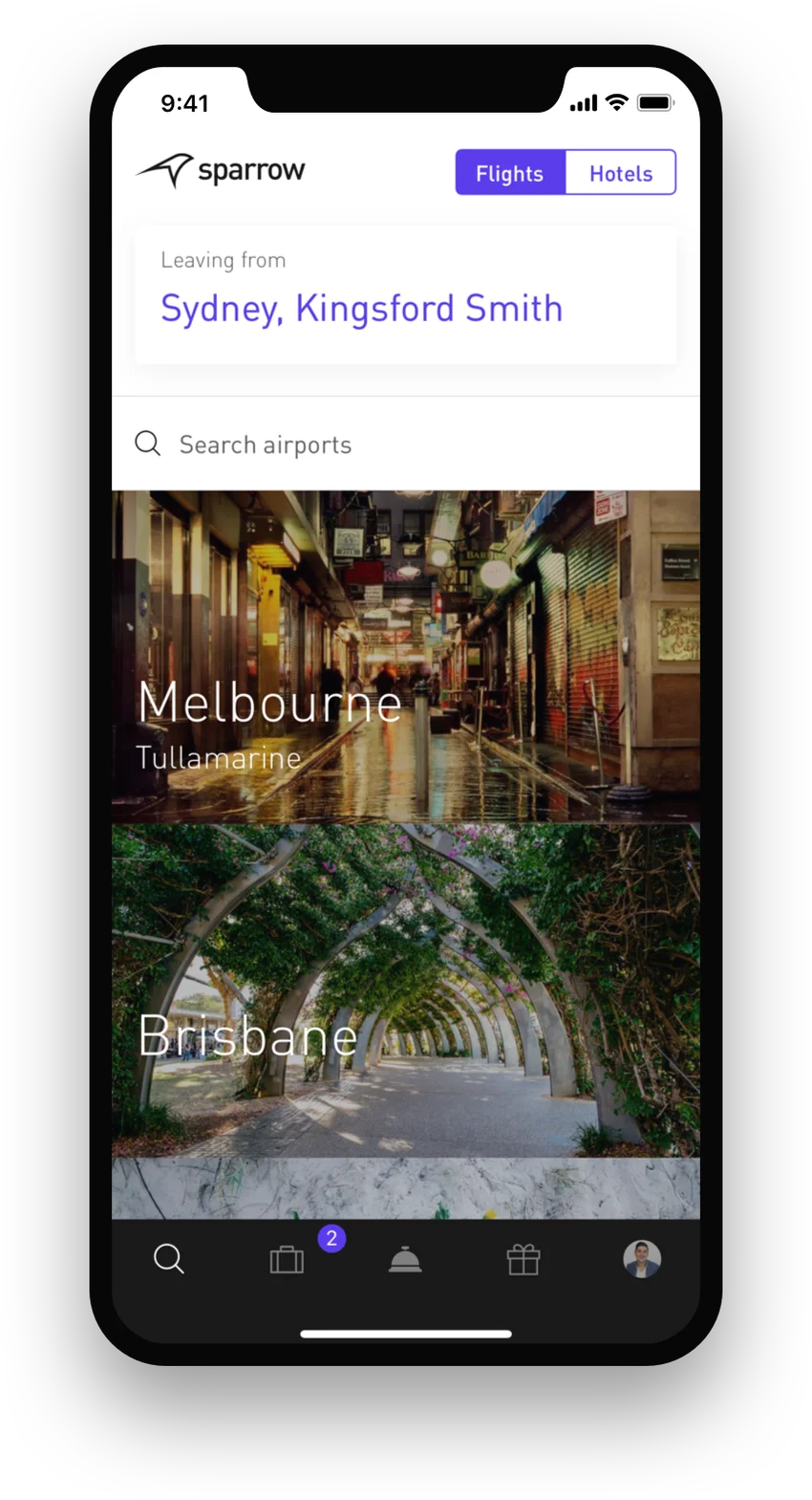 Sparrow Travel mobile app screens from the original project