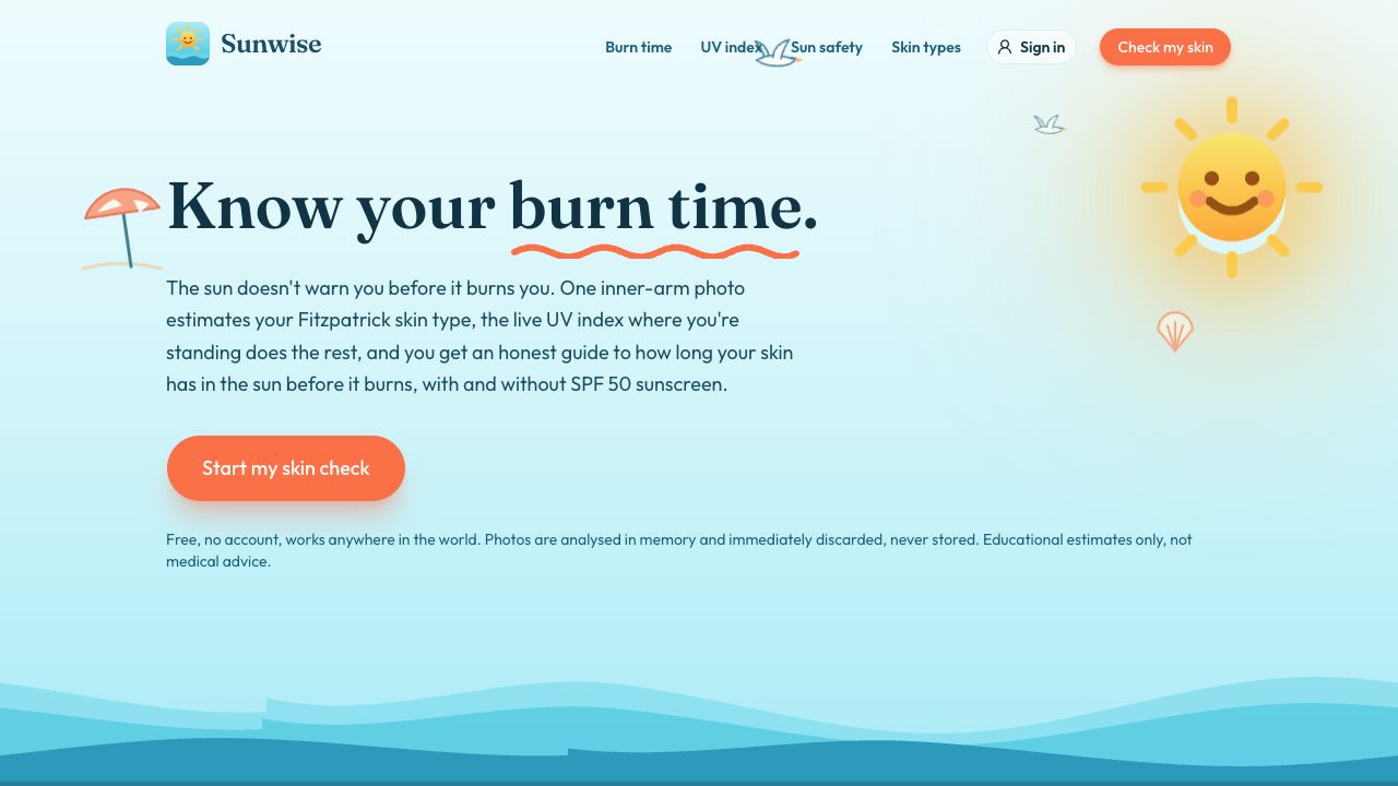 Sunwise homepage with its sun illustration and skin-check introduction